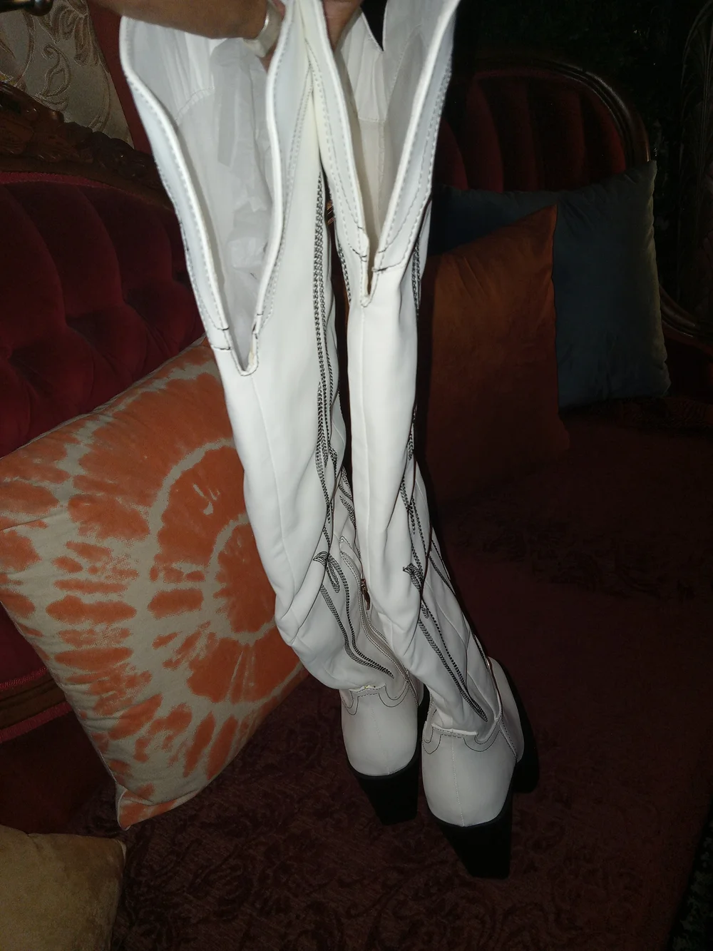 Lemonade White Over-the-Knee Western Boots with Black Stitching
